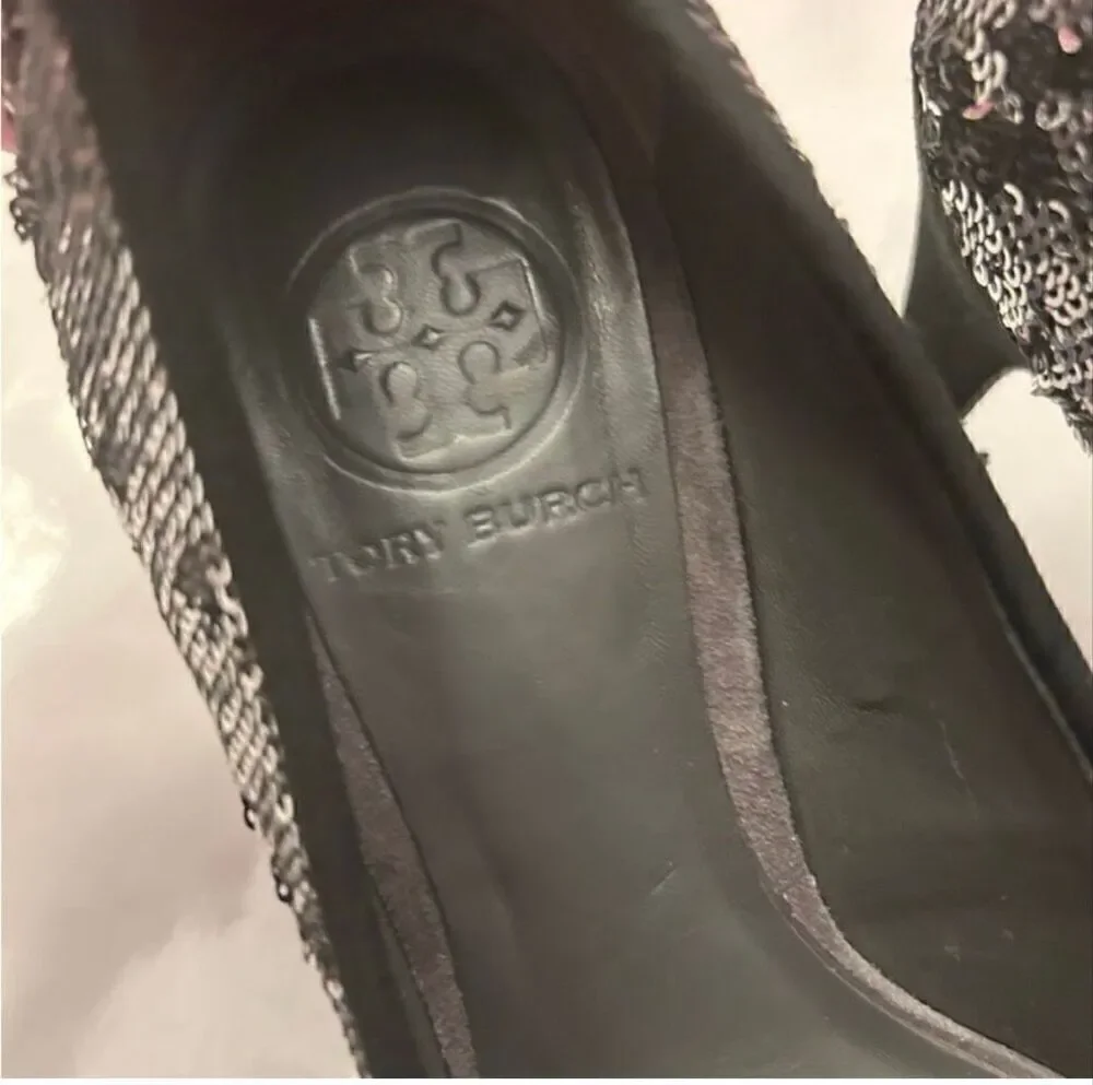 Tory Burch Sequin Embellished Pump Heels Silver Gold Metallic Evening Glam 7.5